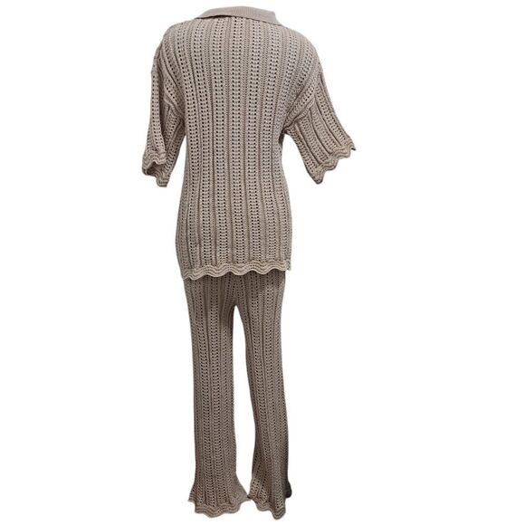 Solitaire 2 Piece Set Crochet Boho Knit Top/Pants Cover Up Large Oatmeal NWT - Picture 3 of 17